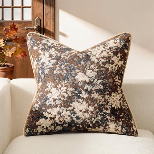 Kevin Textile Neutral Vintage Floral 18x18 Inch Pillow Cover 1 Pack, Brown | Soft Neutral Retro Flowers Embroidered Texture Lumbar Pillow Cover Accent Decorative Pillowcase for Couch Sofa Chair Bed - color: Brown, size: 18" x 18" (Pack of 1)