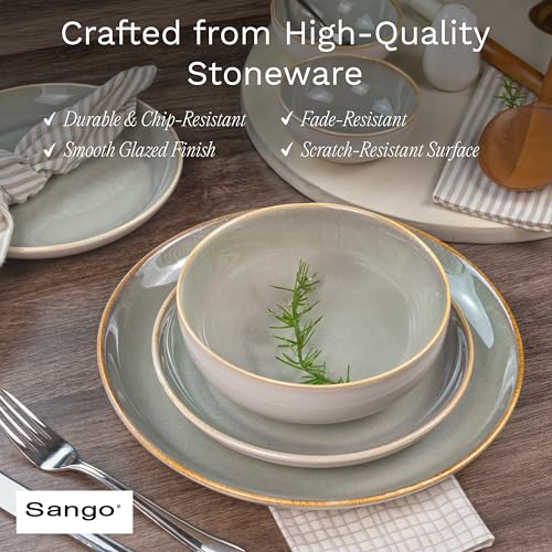 Sango 16-Piece Stoneware Dinnerware Set for 4, Glossy Cream/Green Big Dinner Plates and Bowls Sets with Reactive Glaze, Ceramic Dish Set, Modern Dishes, Microwave & Dishwasher Safe, Resona Moss - color: Green/Cream, size: 16-Piece Set