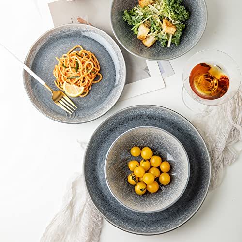 Arora FAIT Round Stoneware 16pc Dinnerware Set for 4, Dinner Plates, Side Plates, Cereal Bowls, Mugs - Reactive Glaze Grey (448158) - color: Grey-Bowl/Mug (1), style: Round-Service for 4(16pcs)