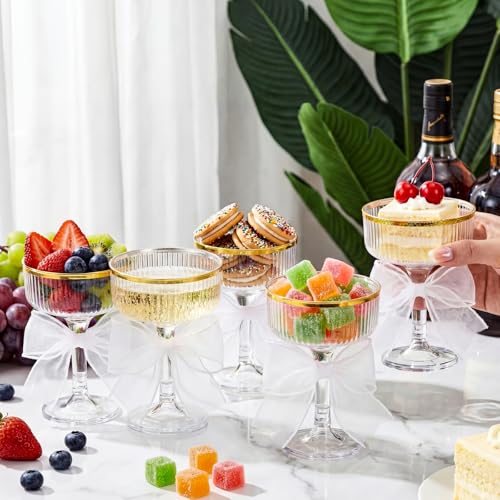 Set of 24 Plastic Champagne Coupe Glasses with Bow 7 oz Gold Champagne Tower Set Stackable Acrylic Ribbed Martini Glasses Cocktail Coupe Cup for Wedding Birthday Party Bar(Organza,White) - color: White, style: Organza