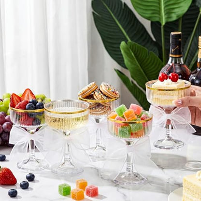 Set of 24 Plastic Champagne Coupe Glasses with Bow 7 oz Gold Champagne Tower Set Stackable Acrylic Ribbed Martini Glasses Cocktail Coupe Cup for Wedding Birthday Party Bar(Organza,White) - color: White, style: Organza