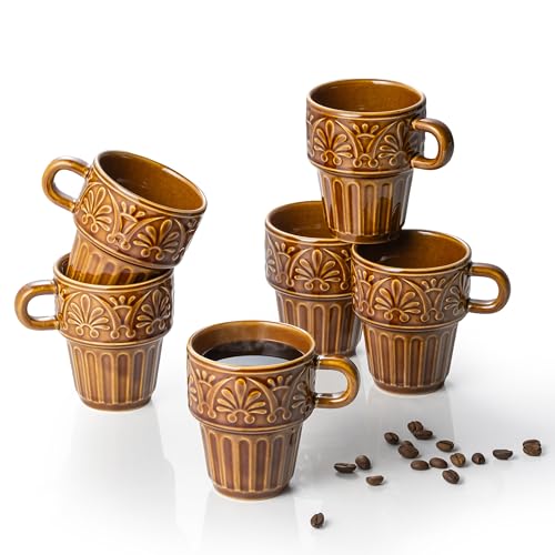 Espresso Cups Set of 6, Cappuccino Cups, Stackable Mug 6 OZ Ceramic Coffee Mug, Microwave & Dishwasher Safe, Tea Cocoa for Family Daily Use & Gathering, Great Gift for Any Special Occasion, Brown - color: Brown, size: 6 OZ-set of 6