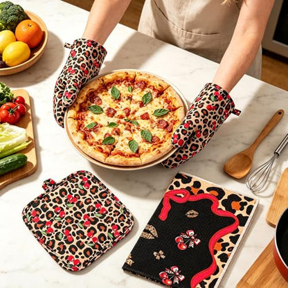 6-Piece Cheetah Cherry Oven Mitts and Pot Holders Set for Cooking | Gloves with Kitchen Towels, Heavy Duty Heat Proof Kitchen Essentials for Cooking, Baking, Grilling