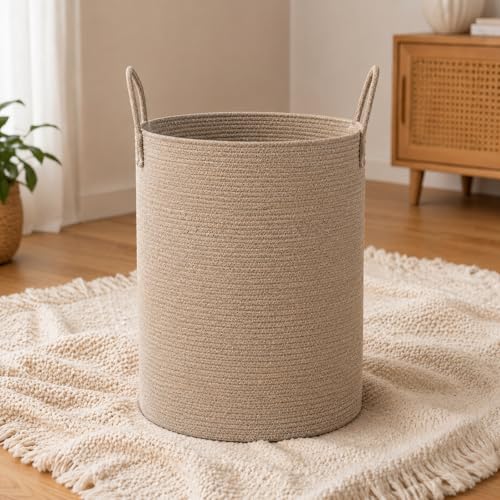Large Woven Laundry Basket Hamper 80L Cotton Rope Storage Bin Tall Laundry Hamper for Blanket Toy and Clothes Living Room,Baby Nursery,Bathroom, Brown - color: Brown, size: 80L