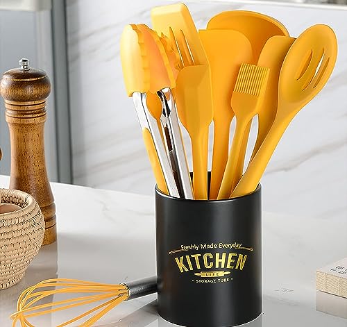 11 Piece Cooking Kitchen Utensils Set, Yellow Cooking Utensils Set, Non-Stick Silicone Spatula Set with Iron Utensils Holder, Silicone Kitchen Gadgets Utensil Set (Yellow)