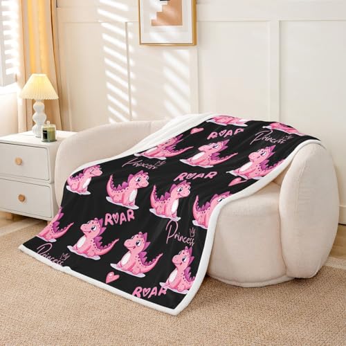 Girls Dinosaur Sherpa Blanket Kids Cute Pink Dino Throw Blanket Ultra Soft Jungle Animals Fleece Blanket for Couch Bed Children Toddler Heart Crown Princess Kawaii Plush Fuzzy BlanketThrow 50"x60" - color: Multi 17, size: Throw