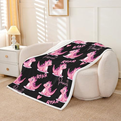 Girls Dinosaur Sherpa Blanket Kids Cute Pink Dino Throw Blanket Ultra Soft Jungle Animals Fleece Blanket for Couch Bed Children Toddler Heart Crown Princess Kawaii Plush Fuzzy BlanketThrow 50"x60" - color: Multi 17, size: Throw