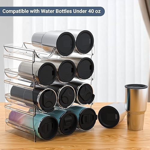 Plastic Water Bottle Organizer and Wine Rack Storage Holder,4 Tier 12 | Containers Stackable Free-Standing Bottle Storage Rack for Kitchen Countertops, Table Top, Pantry, Cabinets, Fridge - Clear