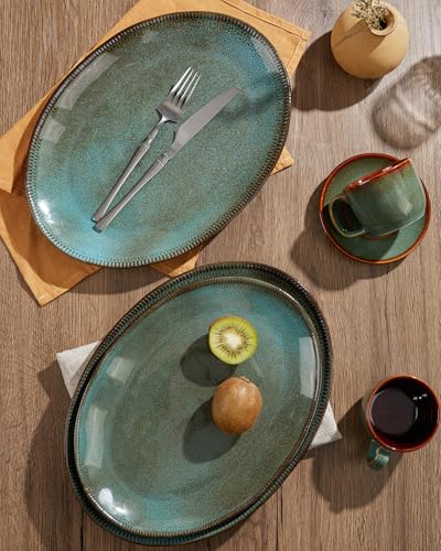 Stoneware Serving Platters, Oval 13.18/11.92 inch Serving Dishes for Entertaining, Ceramic Serving Trays for Party, Fruit, Turkey, Cheese, Trays for Serving Food, Microwave Safe, Brown Green
