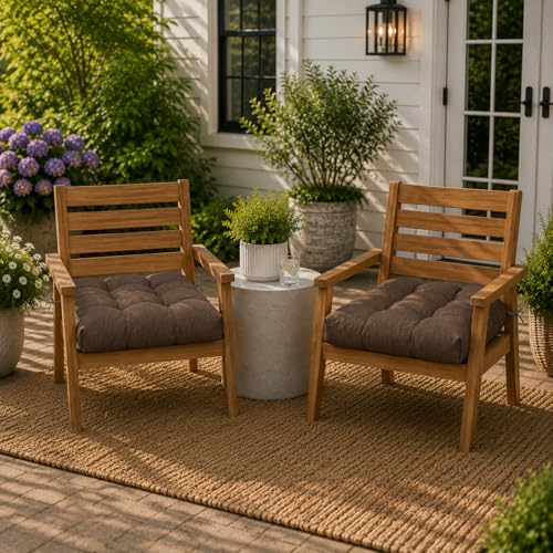 Magpie Fabrics Outdoor Tufted Seat Cushion 19"x19" Set of 2 (Dark Brown) | Waterproof Patio Chair Pads with ties Tatami Floor Pillow for Room Garden Balcony Office - color: Dark Brown
