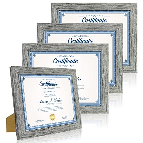 Hongkee 8.5 x 11 Picture Frame Set of 4, Made of Real Glass and Grey Certificate & Diploma Frame, 8.5 by 11 Photo for Wall or Tabletop - Display Picture 6x8 with Mat or 8.5x11 Without Mat - color: Grey, size: 8.5x11 in