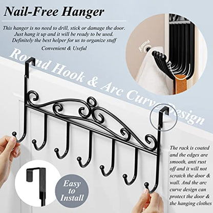 Youdepot Over The Door Hook - 7 Hooks, Black Coat & Towel Rack | for Bathroom, Clothes, Belts, Hats, Towels, with Door Hanger, Bathroom Clothes, Bathroom Clothes Belts, Clothes Belts Hats