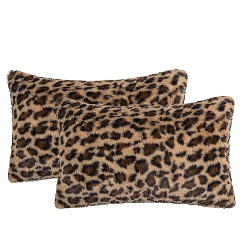 Leopard Print Faux Fur Throw Pillow Covers, 12x20 Inch, Set of 2, Soft Plush Animal Print Decorative Lumbar Cushion Cases for Sofa Bed Chair | Safari-Inspired Decor in Warm Terracotta Brown - size: 20" x 12" (Pack of 2)