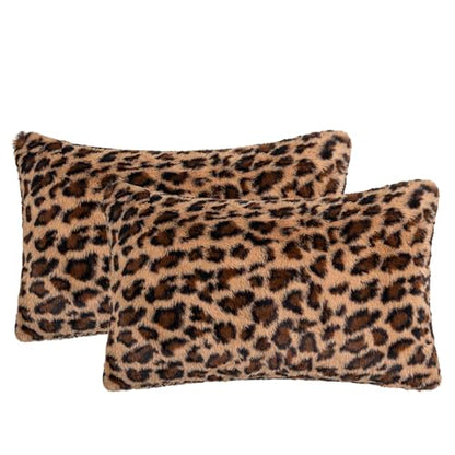 Leopard Print Faux Fur Throw Pillow Covers, 12x20 Inch, Set of 2, Soft Plush Animal Print Decorative Lumbar Cushion Cases for Sofa Bed Chair | Safari-Inspired Decor in Warm Terracotta Brown - size: 20" x 12" (Pack of 2)