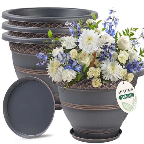 16 Inch Plaid Plant Pots 4 Pack with Drainage and Saucers Copper | Copper plaid PP pots with drainage holes and saucers for large plants porch patio garden and entryway - color: Copper, size: 16 Inches-4 packs