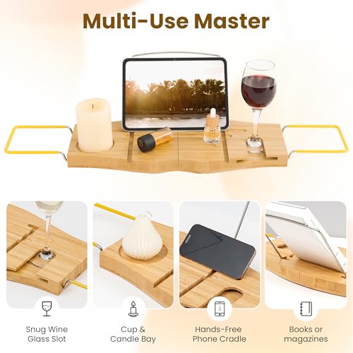 Dreamland Bamboo Bathtub Tray Caddy | Light bamboo material, cross tub design, bathroom bath supplies storage - color: Bamboo Natural - B, size: Medium
