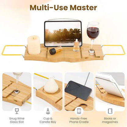 Dreamland Bamboo Bathtub Tray Caddy | Light bamboo material, cross tub design, bathroom bath supplies storage - color: Bamboo Natural - B, size: Medium