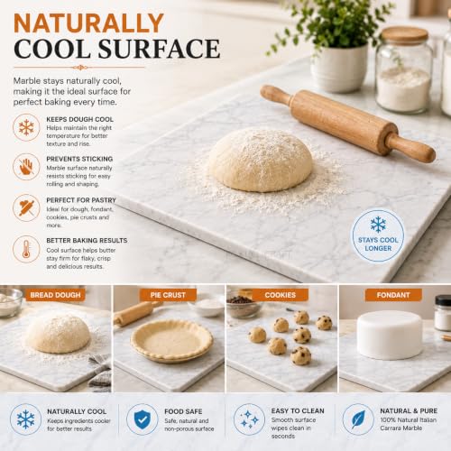 Marble Cheese & Pastry Cutting Board, 16 x 12 Inch, White | Natural Carrara Marble, Serving Tray, For Dough, Bread, Pizza, Charcuterie, Heavy, Non-Slip - color: White, size: 16"L x 12"W