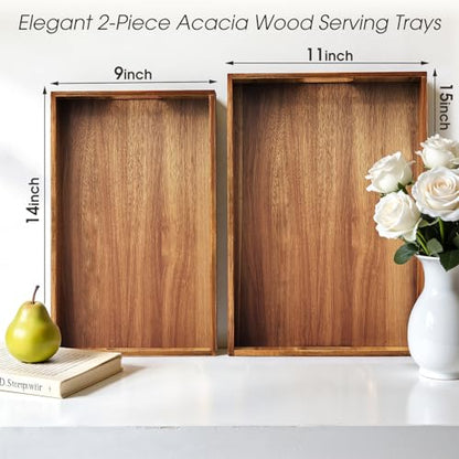 Acacia Serving Trays - 2 Pack | Acacia Wood Serving Platterss, Wood Serving Tray, Decorative Trays for Breakfast, Brunch, Dinner, Coffee Table - size: 14"x9"x1.57" and 15"x11"x1.57"