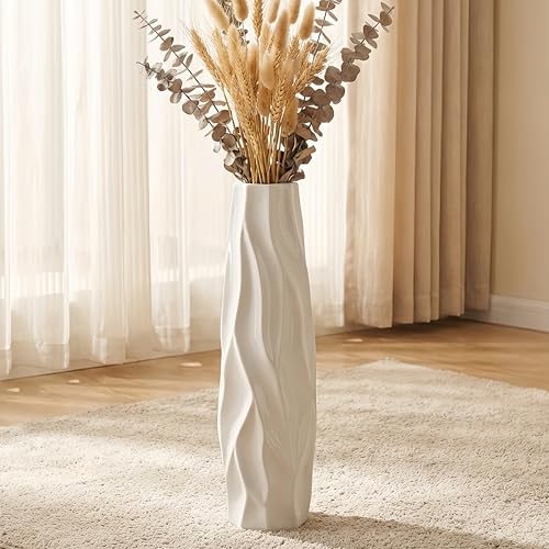 White Tall Ceramic Floor Vase, 24 Inch, Pleated Wave Design | Glossy Glazed Finish, Living Room, Fireplace, Entryway, Pampas Grass - color: Shape 1, size: 24 Inch