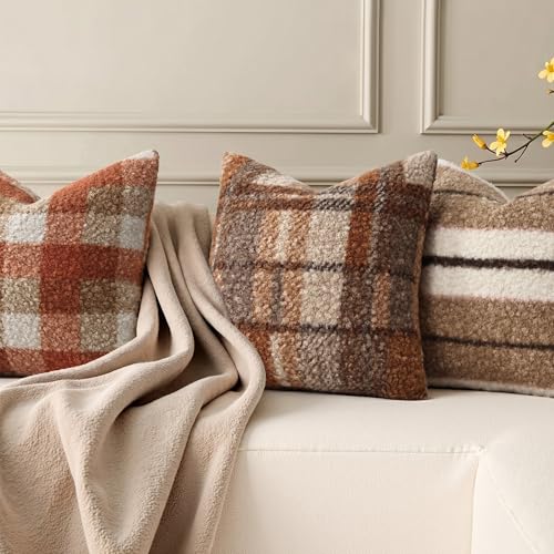 decorUhome Soft Plush Faux Wool Throw Pillow Covers 20X20 Inch Set of 2, Beige, Boucle Plaid Check Faux Fur Throw Pillow Covers 20x20 Inch Set of 2, Autumnal