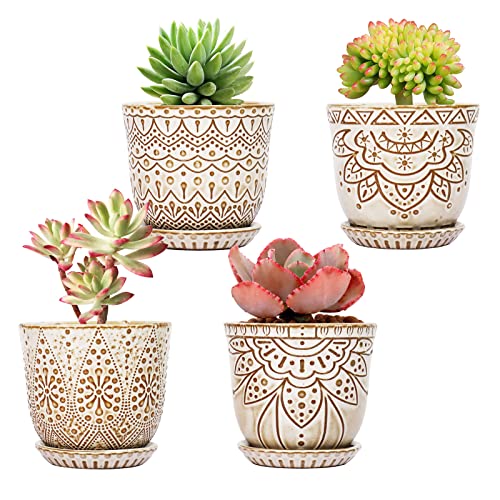 Gepege Ceramic Succulent Pots, 4 Inch Small Plant Pots with Drainage | Ceramic succulent pots with drainage holes, ceramic saucers and mesh pads, set of 4, ideal for cactus and succulents - color: Cream White, size: 4 Inch - Set of 4