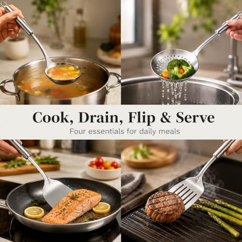 Pleafind Cooking Utensils Set - 4 Pcs Stainless Steel Kitchen Utensils Set with Solid Turner, Slotted Turner, Serving Ladle, Slotted Spoon, Wok Utensils Set with Heat Resistant Handle, Dishwasher Safe - color: 4P-Silver
