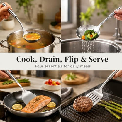 Pleafind Cooking Utensils Set - 4 Pcs Stainless Steel Kitchen Utensils Set with Solid Turner, Slotted Turner, Serving Ladle, Slotted Spoon, Wok Utensils Set with Heat Resistant Handle, Dishwasher Safe - color: 4P-Silver