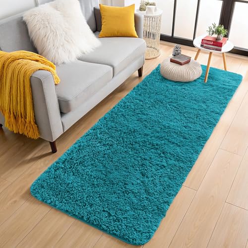 OLANLY 2x8 Machine Washable Runner Rugs for Hallway, Soft Fluffy Shaggy Bedside Rugs for Bedroom, Living Room, Indoor Floor Carpet for Kids Girls and Boys, Nursery Rooms, Home Decor Aesthetic, Teal - color: Teal, size: 2x8 Ft