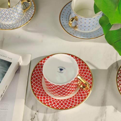 Coffee Cup and Saucer Set – Elegant Royal Blue Star Bone China Gold-Trimmed Tea Cup, Luxurious Metallic Accent Ceramic Cup (Red,2 Cups + 2 Saucers,Art Deco) - color: Red