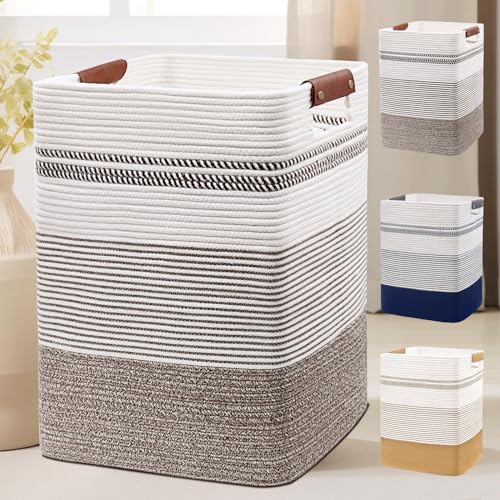 Laundry Hamper, 85L Cotton Rope Laundry Basket, Rice Brown & White | Foldable nursery hamper with leather handles; store blankets, toys, baby clothes and laundry in bedroom or living room - color: Rice Brown & White, size: 85L