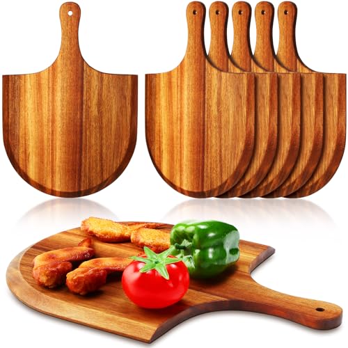 6 Pcs Acacia Wood Pizza Peel with Handles 12 Inch Wooden Spatula Paddle Round Pizza Cutting Board Cheese Serving Tray for Meat Bread Charcuterie Deli