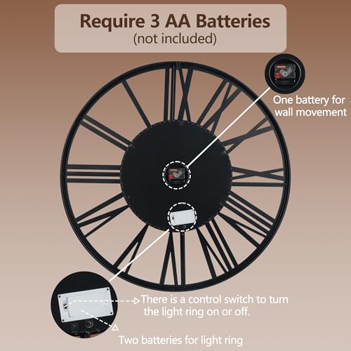 Large Lighted Wood Wall Clock Remote Control, Roman Numeral Modern Decorative Clock with Silent Movement, Battery Operated Clocks for Living Room Decor - size: 32inch-80cm