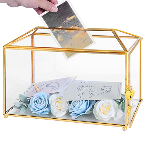 Glass Wedding Card Box with Lock, 12.6x5.9x9 inches Large Gold Card Boxes for Wedding Reception, Keepsake Display, Graduation, Party Centerpiece Decorative Box - size: 12.6 x 5.9 x 9 Inches without Arch