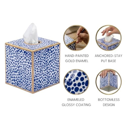 Jaye’s Studio Decorative Square Tissue Box Cover for Bathroom & Home, Premium Tissue Box Holder, Blue & White Print, Luxury Gold Trim & Accents, Shagreen Pattern, Luxury Handmade Metal Decor
