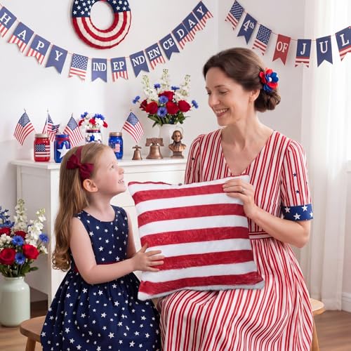 Tiamon 4 Pcs Patriotic 4th of July Throw Pillow Covers 18 x 18 Inch USA Flag American Plush 3D Embroidered Pillow Cases Red White Blue Stripe Star Cushion Covers for Independence Day Decor Sofa Bed - style: Stripe and Star