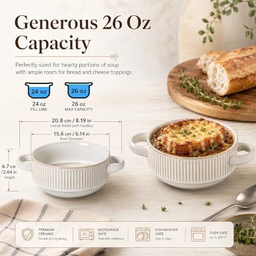 26 Oz Soup Bowls with Handles, French Onion Soup Crocks, Ceramic Soup Bowls Set of 4, Embossed Stackable Bowl for Chili, Beef Stew, Pasta, Casseroles Dish, 6 inch, Oven Dishwasher Safe