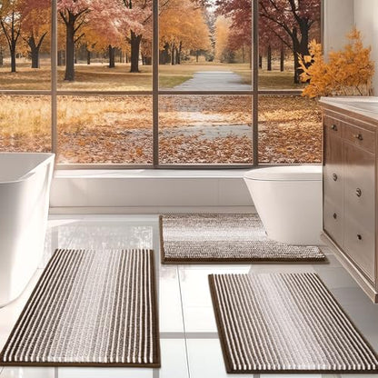 Bathroom Rugs Sets 3 Piece, Toilet Rugs U-Shaped Contour Bath Mat Set, Striped Absorbent Non Slip Chenille Shower Mat, Brown - color: Brown, size: 20"x32"+16"x24"+U Shape 20"x24"