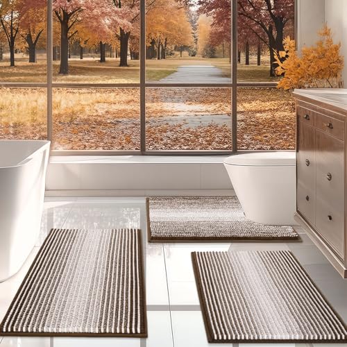 Bathroom Rugs Sets 3 Piece, Toilet Rugs U-Shaped Contour Bath Mat Set, Striped Absorbent Non Slip Chenille Shower Mat, Brown - color: Brown, size: 20"x32"+16"x24"+U Shape 20"x24"