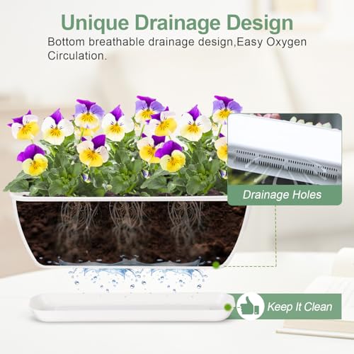8-Piece White Rectangular Window Sill Planters with Drainage Holes and Trays (11 Inches) for Basil, Orchids, and Succulents Modern Herb Garden Planters Suitable for Indoor/Outdoor Plants - size: 11.1 x 3.23 x 3.54-inch