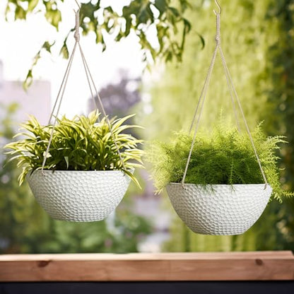 LA JOLIE MUSE Hanging Planters for Outdoor Plants, Large Hanging Planter with Drain Holes, Outdoor Hanging Flower Pots, White Stone, Honeycomb (13.2 Inch, Set of 2) | White Stone Finish, Hanging Baskets and Flower Pots for Outdoor Plants, Decorative Outdo