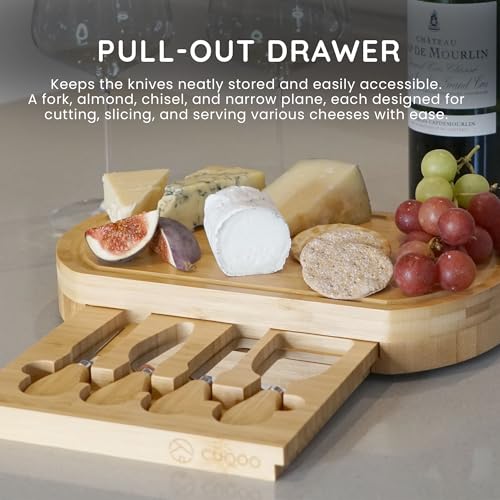CUQOO Oak Wooden Cheese Board Set with 4 Knives Slide Out Drawer – Large Cheese Platter Cutting for Cracker and Meat | Wooden Serving Plate Tray | Unique Housewarming Gift for Christmas & Birthday