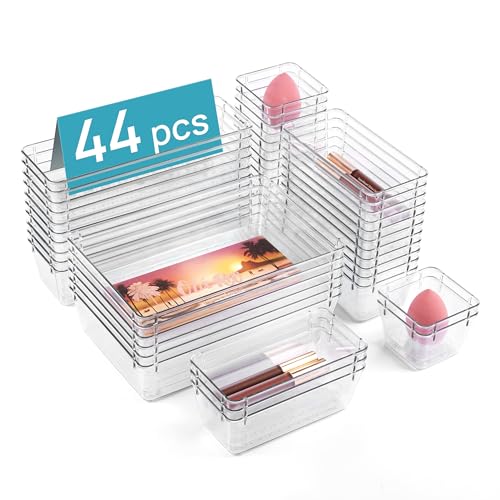 Vtopmart 44 PCS Clear Plastic Drawer Organizers Set, Vanity Organizer Trays | 4-Size Versatile Makeup Organizer, Non-Slip Storage Containers for Makeup, Jewelries, Bedroom，Kitchen Utensils and Office - color: Clear