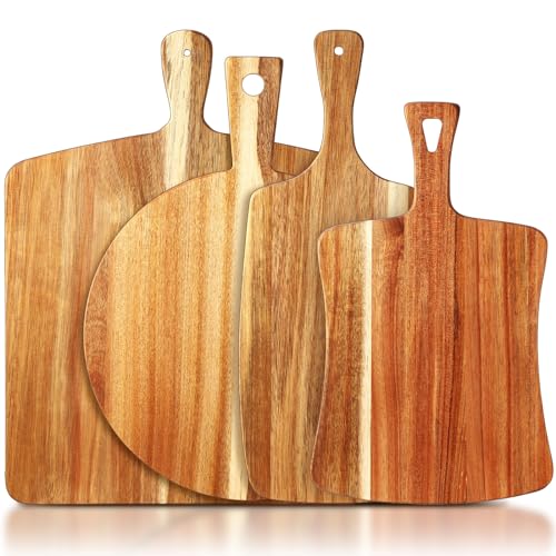 SiliFine 4 Pcs Acacia Wood Cutting Boards with Handles, Elegant | Thick Butcher Block, Reversible Surface, Natural Acacia Hardwood, Assorted Sizes Nest for Storage, Easy-grip Handle Design - style: Elegant