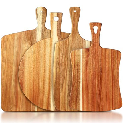 SiliFine 4 Pcs Acacia Wood Cutting Boards with Handles, Elegant | Thick Butcher Block, Reversible Surface, Natural Acacia Hardwood, Assorted Sizes Nest for Storage, Easy-grip Handle Design - style: Elegant