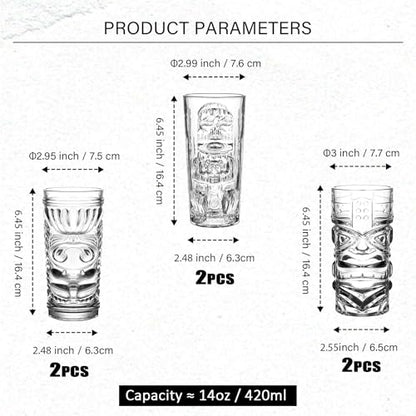 Tiki Glasses Set of 6 - 14 Oz Highball Glasses for Cocktails - Modern Clear Tropical Cups Tumbler Set - Mixed Drinking Glass for Hawaiian Bar Island Party Beverages Iced Tea