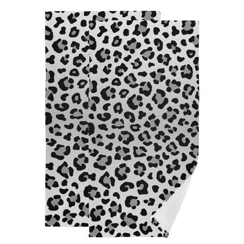 Black Grey Leopard Print Hand Towels for Bathroom Set of 2 Microfiber Snow Cheetah Animal Skin Pattern Farm Kitchen Dish Towels Decorative Bathroom Towel for Face Bath Shower Spa 14"x28" - color: Black Grey