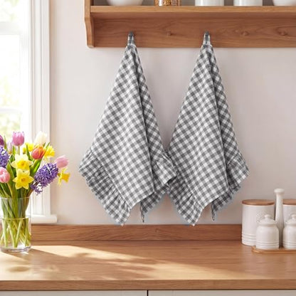 HunnmingRe Gray Kitchen Towels Set of 2, 100% Cotton Ruffled Gingham Dish Towels 18"x28" Tea Cloths Classic Plaid Pattern for Farmhouse Charm, Drying Dishes, Entertaining Guests - color: Gray, style: Gingham