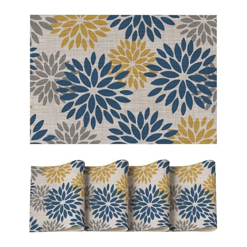 Artoid Mode Floral Vinyl Placemats Set of 4, Heat Resistant Washable Non-Slip Plistic PVC Place Mats for Party Kitchen Dining Decor, Blue Yellow - color: Blue/Yellow, size: 12" x 18", Rectangular Set of 4