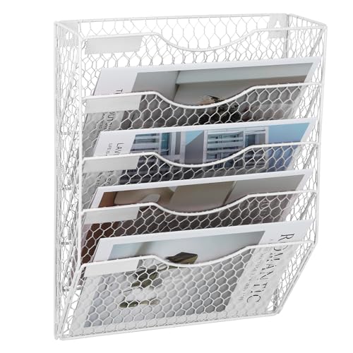 Mail Organizer Wall Mount Hanging File Holder Storage, Metal Chicken Wire Magazine Rack 5 Tier, White - color: White, size: 5 Tier